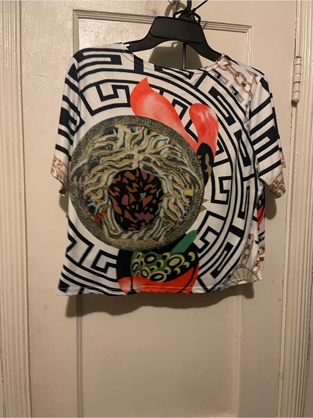 Graphic Medallion Print Boxy Top - Black & White with Red Accents